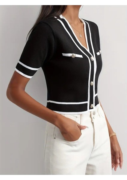 Kadın Kısa Kollu Önden Düğmeli Triko Bluz fiyatları