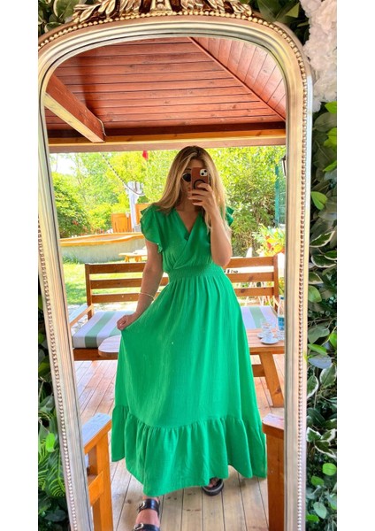 Kadın Kısa Kollu Kruvaze Yakalı Beli Lastikli Müslim Elbise