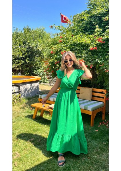 Kadın Kısa Kollu Kruvaze Yakalı Beli Lastikli Müslim Elbise fiyatları