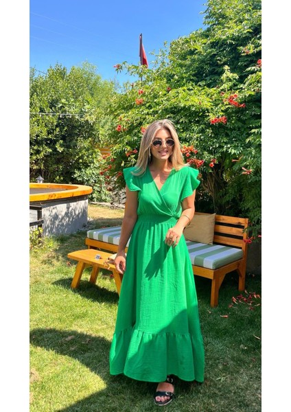 Kadın Kısa Kollu Kruvaze Yakalı Beli Lastikli Müslim Elbise indirimleri