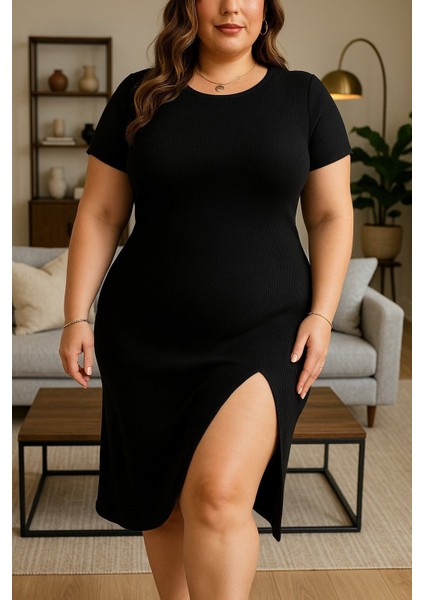 Kadın Büyük Beden Kısa Kollu Yanı Yırtmaçlı Bisiklet Yaka Viskon Elbise fiyatları