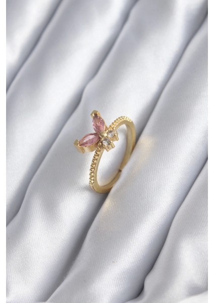 Gold Renk Pembe Zirkon Taşlı Kelebek Model Kadın Yüzük