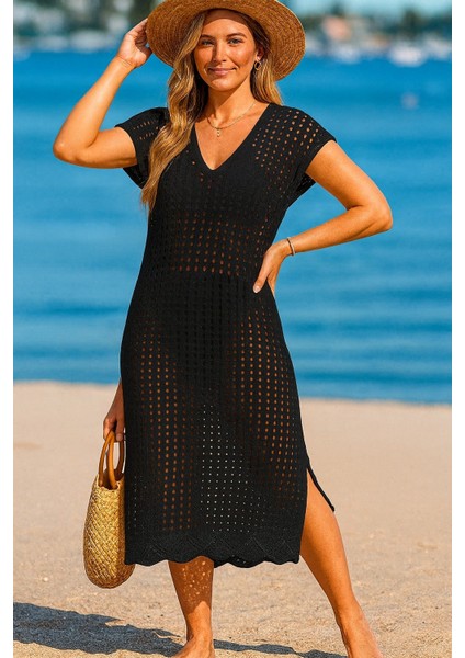 Kadın Sıfır Kol V Yaka Yanı Derin Yırtmaçlı Midi Boy Triko Elbise