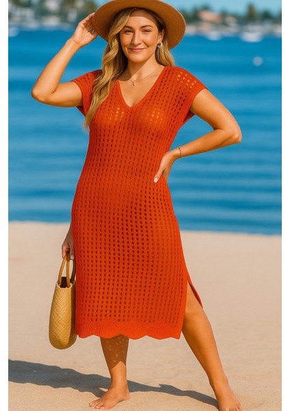 Miracotton Kadın Sıfır Kol V Yaka Yanı Derin Yırtmaçlı Midi Boy Triko Elbise