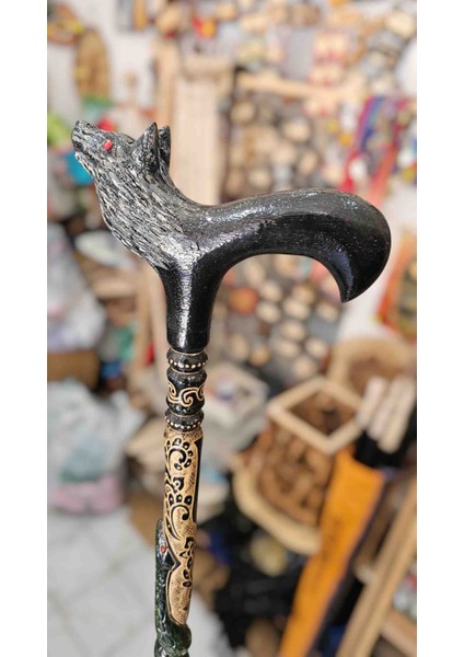 Özel Işlemeli Devrek Bastonu Kızılcık Ağacı Kurt Başlı