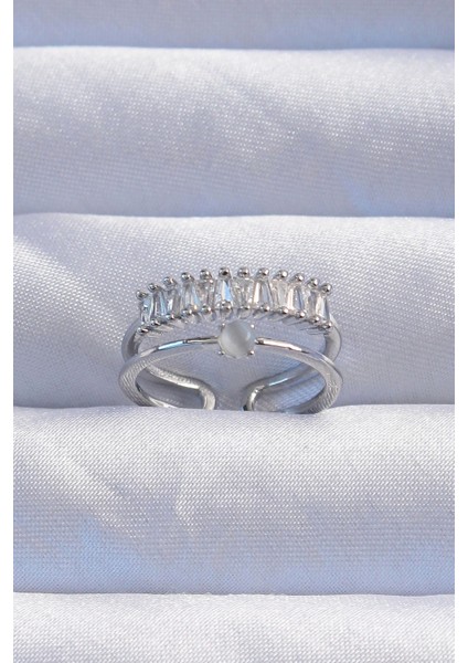 Pirinç Gümüş Renk Sedefli Zirkon Taşlı Su Yolu Model 2li Görünüm Ayarlanabilir Yüzük