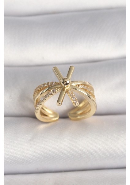 Pirinç Gold Renk Ayarlanabilir Ziron Taşlı Kadın Yüzük