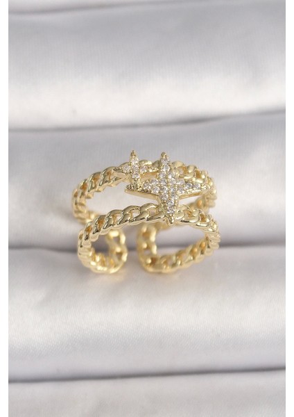 Pirinç Gold Renk 2'li Zincir Zirkon Taşlı Yıldız Figür Kadın Yüzük