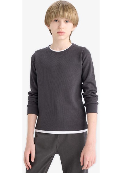 Erkek Çocuk Bisiklet Yaka Basic Düz Waffle Uzun Kollu Okul Tişörtü V1186A625AU modelleri