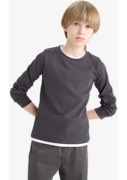 Erkek Çocuk Bisiklet Yaka Basic Düz Waffle Uzun Kollu Okul Tişörtü V1186A625AU fırsatları