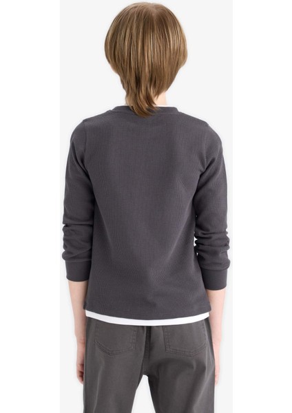 Erkek Çocuk Bisiklet Yaka Basic Düz Waffle Uzun Kollu Okul Tişörtü V1186A625AU