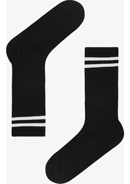 Siyah Kız Çocuk Sporty Çizgili Ribanalı Pantolon Çorabı