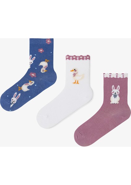 Çok Renkli Kız Çocuk Rabbit Tavşan Desenli 3'lü Soket Çorap