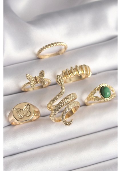 Pirinç Gold Renk Işlemeli Yılan Model Kelebek Detay 6'lı Kadın Yüzük Seti