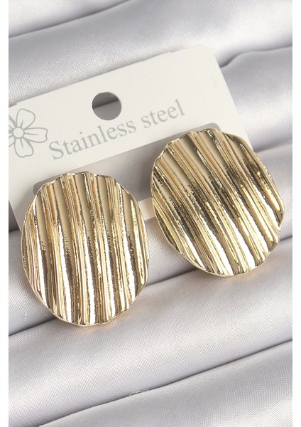 Pirinç Gold Renk Işlemeli Daire Plaka Model Kadın Küpe