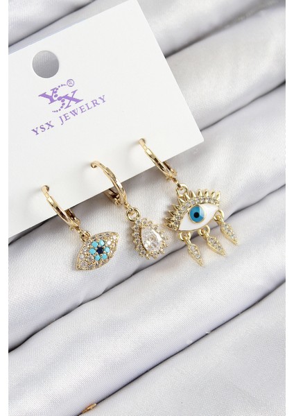 Pirinç Zirkon Taşlı 3'lü Fatma'nın Gözü Model Gold Renk Kadın Küpe