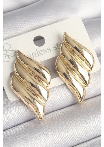 Pirinç Gold Renk 3 Sıralı Dalgalı Model Kadın Küpe