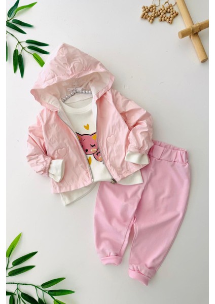 Kalp Baskı Yağmurluklu Kız Bebe 3 lü takım - Pembe