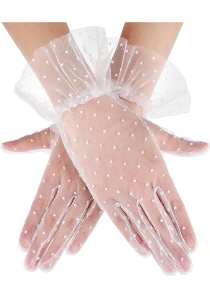 Kısa Boy Güpürlü Beyaz Puantiyeli Tül Eldiven Beyaz Renk indirimleri