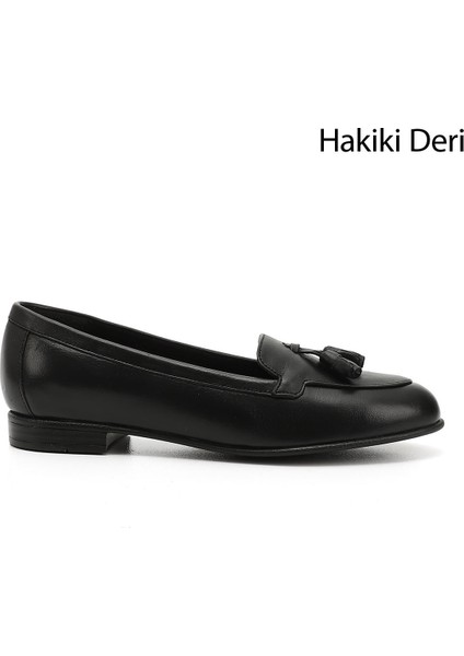 Gön Hakiki Deri Yuvarlak Burun Düz Taban Püsküllü Kadın Babet 24259