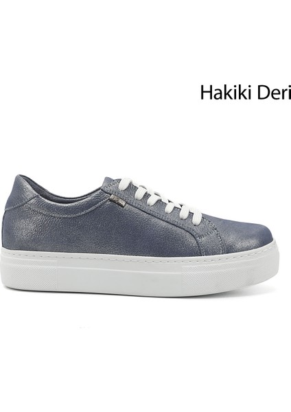 Kadın Mavi Simli Bağcıklı Dolgu Taban Hakiki Deri Sneaker