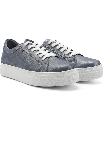 Kadın Mavi Simli Bağcıklı Dolgu Taban Hakiki Deri Sneaker modelleri