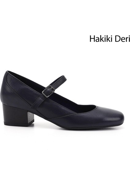 Kadın Antik Lacivert Kısa Kalın Topuklu Mary Jane Hakiki Deri Ayakkabı