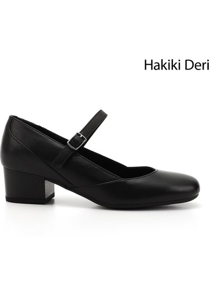 Kadın Siyah Kısa Kalın Topuklu Mary Jane Hakiki Deri Ayakkabı