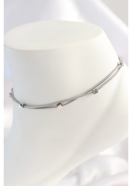 316L Çelik Gümüş Renk Minimal Kare Model Kadın Halhal