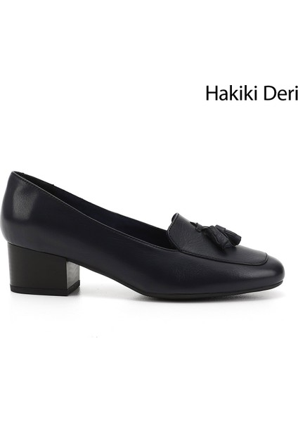 Gön Hakiki Deri Küt Burun Kısa Kalın Topuklu Püsküllü Kadın Ayakkabı 13313