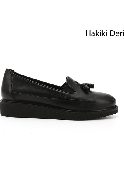 Gön Hakiki Deri Yuvarlak Burun Dolgu Taban Püsküllü Kadın Günlük Ayakkabı 24142