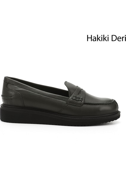 Gön Hakiki Deri Yuvarlak Burun Dolgu Taban Loafer Kadın Günlük Ayakkabı 24092