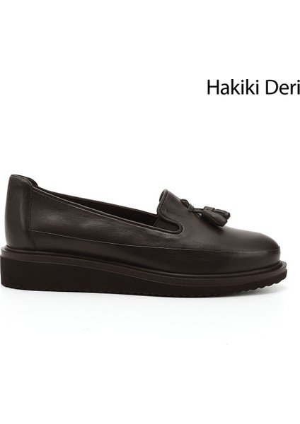 Kadın Kahve Antik Dolgu Taban Püsküllü Hakiki Deri Ayakkabı