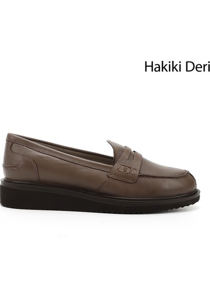 Gön Hakiki Deri Yuvarlak Burun Dolgu Taban Loafer Kadın Günlük Ayakkabı 24092