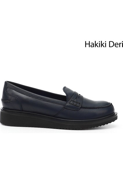 Gön Hakiki Deri Yuvarlak Burun Dolgu Taban Loafer Kadın Günlük Ayakkabı 24092