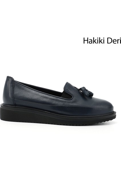 Gön Hakiki Deri Yuvarlak Burun Dolgu Taban Püsküllü Kadın Günlük Ayakkabı 24142