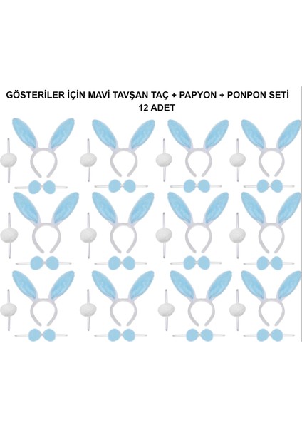 Mavi Tavşan Kostüm Seti – Taç, Papyon, Ponpon (12’li Paket)