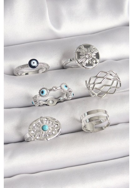 Pirinç Gümüş Renk Nazar Boncuk Zirkon Taş Detaylı Dalga Figür Kadın Yüzük Kombini