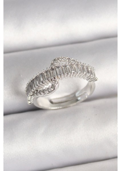 Pirinç Gümüş Renk Su Yolu Zirkon Taşlı Ayarlanabilir Model Kadın Yüzük