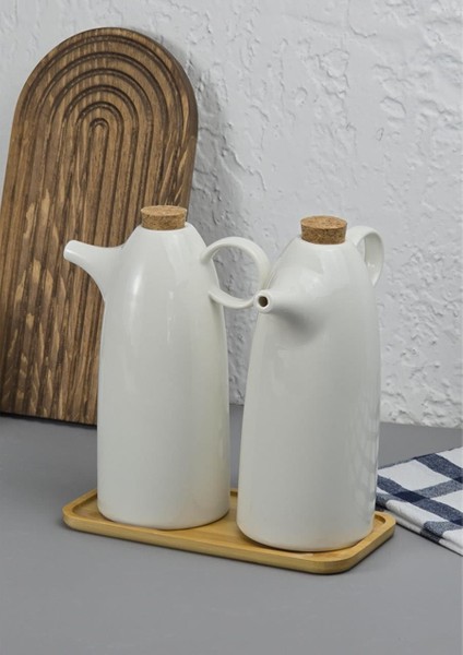 2'li Porselen Yağdanlık Seti - Bambu Altlıklı Yağlık Takımı - Mantar Kapak - 2X500 ml fiyatları