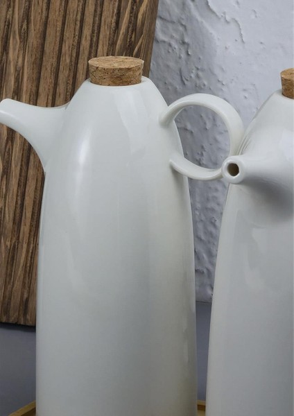 2'li Porselen Yağdanlık Seti - Bambu Altlıklı Yağlık Takımı - Mantar Kapak - 2X500 ml modelleri