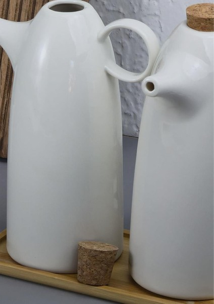 2'li Porselen Yağdanlık Seti - Bambu Altlıklı Yağlık Takımı - Mantar Kapak - 2X500 ml fırsatları