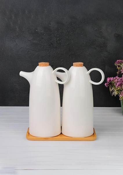 2'li Porselen Yağdanlık Seti - Bambu Altlıklı Yağlık Takımı - Mantar Kapak - 2X500 ml