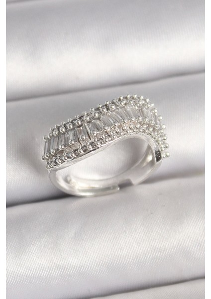 Pirinç Gümüş Renk Su Yolu Zirkon Dalga Model Ayarlanabilir Kadın Yüzük