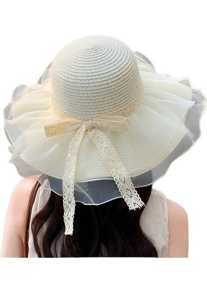 Yeni Düz Renk File Güneş Şapkası Açık Deniz Tatili Güneş Şapkası Dantel Kurdele Hasır Şapka Kadınlar Için Güneş Şapkası (Yurt Dışından)