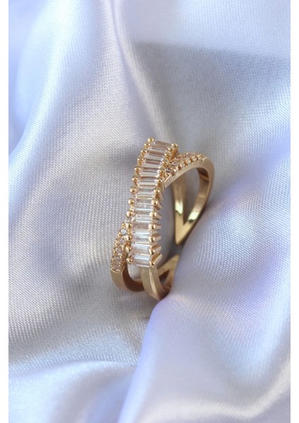 Gold Renk Zirkon Taşlı Pirinç Kadın Yüzük
