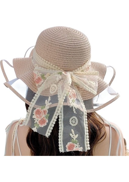 Kadınlar Için Yeni Stil Çiçek Kurdele Güneş Şapkası Deniz Kenarı Tatili Tatlı Dantel Güneş Şapkası Yaz Büyük Siperlikli Hasır Şapka (Yurt Dışından)
