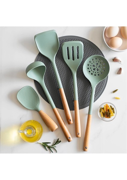 5pcs Silikon Mutfak Mutfak Mekanları Ahşap Saplı Yapışmaz Spatula Pişirme Seti Kızartma Spatula Kepçe Pirinç Kaşığı (Yurt Dışından) modelleri