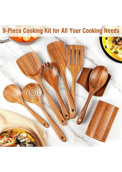 9 adet, mutfak aleti tutucu tik ahşap mutfak eşyaları ile yemek pişirmek için ahşap eşyalar pişirmek için doğal ahşap kaşıklar (Yurt Dışından) modelleri