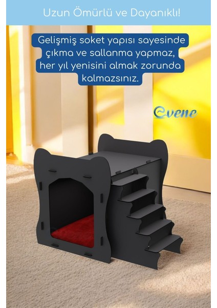 Ahşap Büyük Kedi Yatağı Premium Kalite Siyah Kedi Evi 50X35 cm Parlak Boyalı Merdivenli Model
